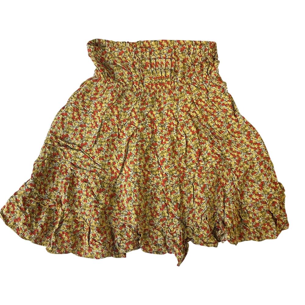 Twentyone Women Skirt L Yellow Floral Bohemian Ruffle Elastic Waist Above Knee